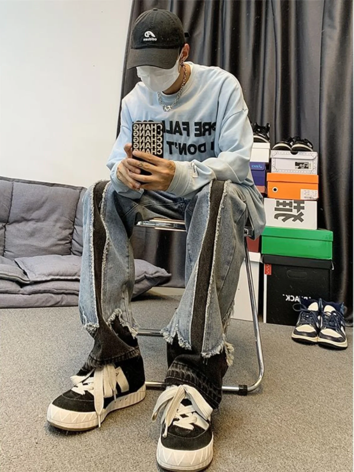 

Autumn Winter Extra Large Size 300 Pou Patchwork Men's Jeans Loose Straight Leg Wide Leg Pants High Waist Long Pants