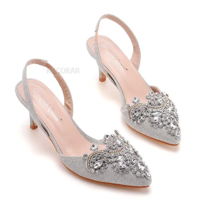

6cm shallow pointed sandals color changing fabric slim heels large banquet sandals women's size 43 high heels sandals