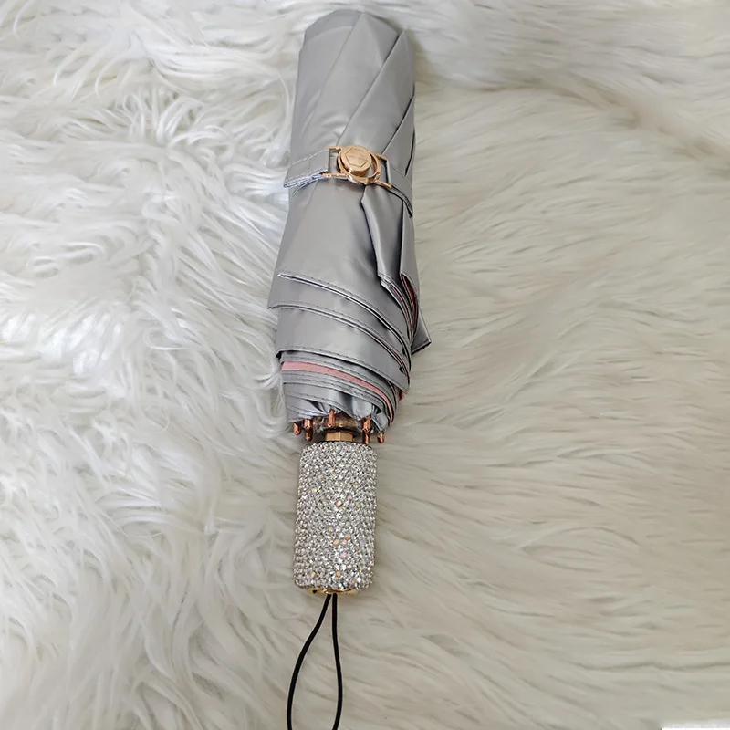Bling Diamond Sunshade Umbrella 3 Fold Anti UV 8-strand Folding Umbrella Women's Sunny Rainy Umbrella Portable Sunscreen Tool