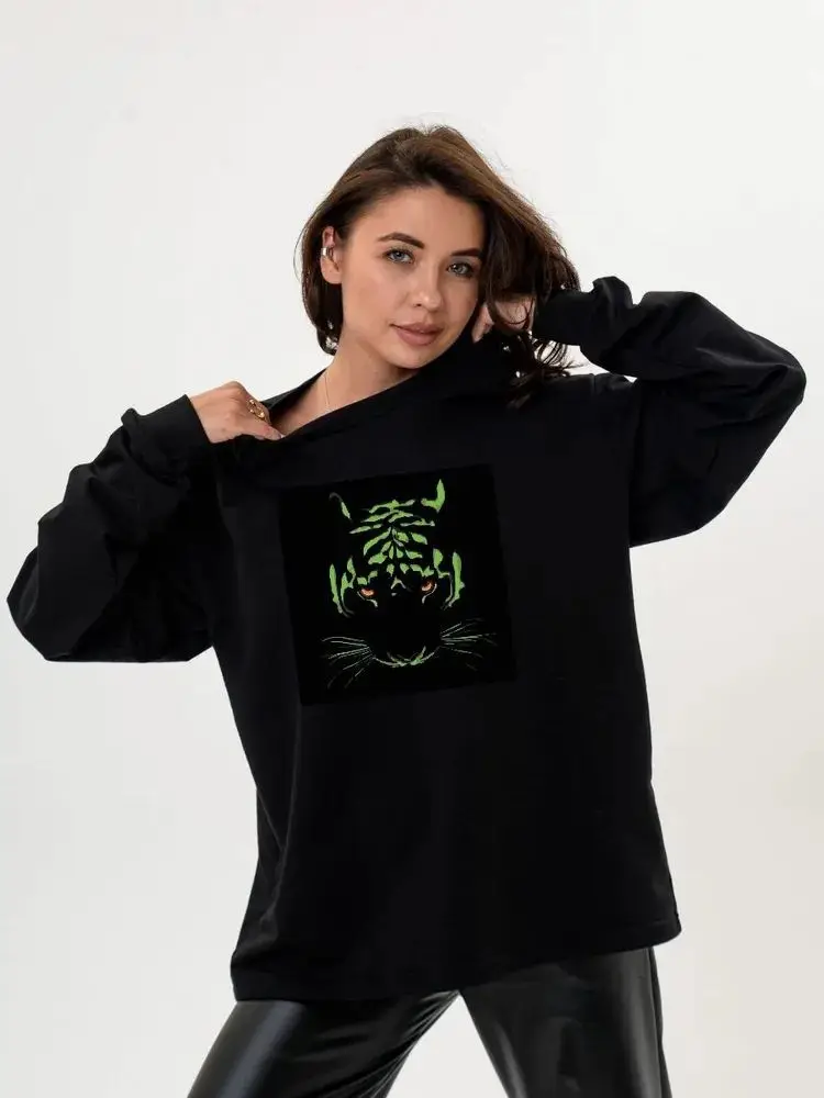 Sweat-shirt fin noir 100% coton, pull à col rond, T-shirt à manches longues, Punk Grunge tigre imprimé, haut ample et décontracté pour femmes