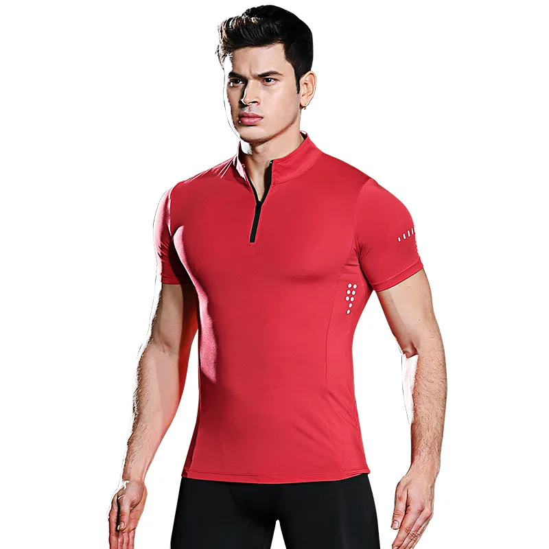 Men Tight Sport T-Shirt Short Sleeve Gym Running Clothing Fitness Compression Sportswear Zip Pullover Hiking Rashgard Sweatshirt