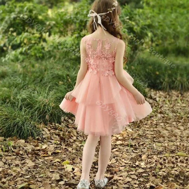Vestido de renda com apliques para meninas, vestido para casamento, crianças, gola redonda, comprimento do joelho, tule em camadas, princesa, aniversário, vestidos personalizados