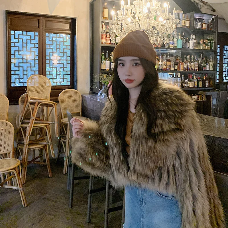 Natural Raccoon Fur Spokes Real Fur Coat Winter Women\'s Short Large Lapel European and American Style Short 2022 Street Hipster