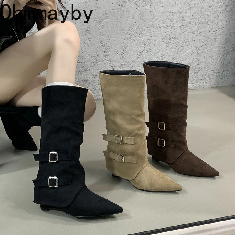 Vintage Women Pointed Toe Western Knee-High Boots Slip On Long Booties Wedges Heels Stripper Shoes Botas Mujer