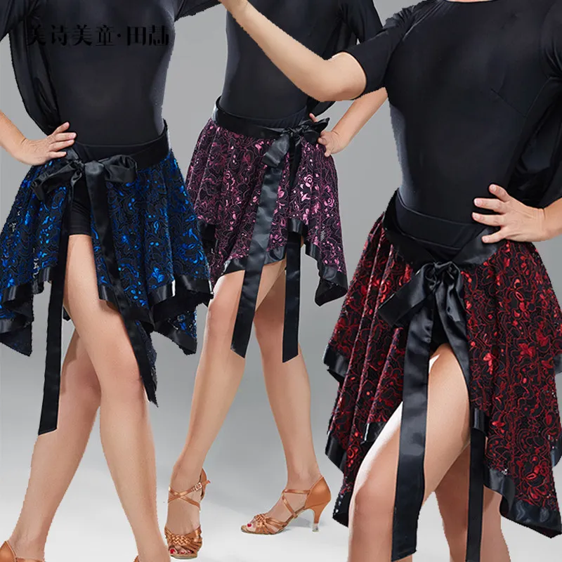 Customized Adult Female Latin Dance Wear Lace Half Skirt Tie Skirt Competition Grade Exam Practice Skirts 63219