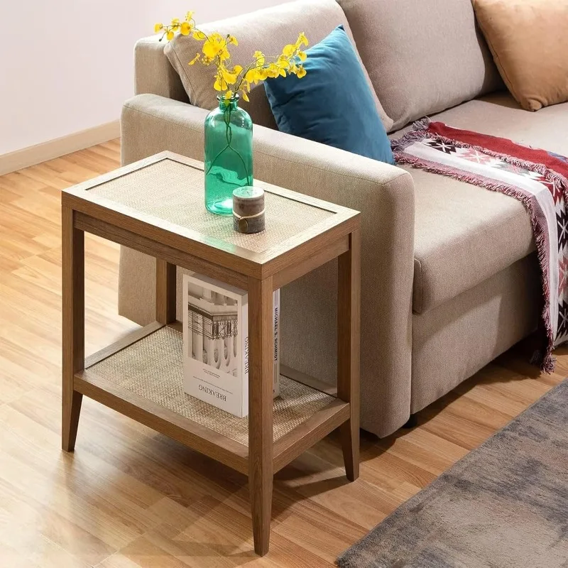 

Boho Rattan Nightstand Bedside Table - Farmhouse Narrow End Table for Living Room - Accent Side Table