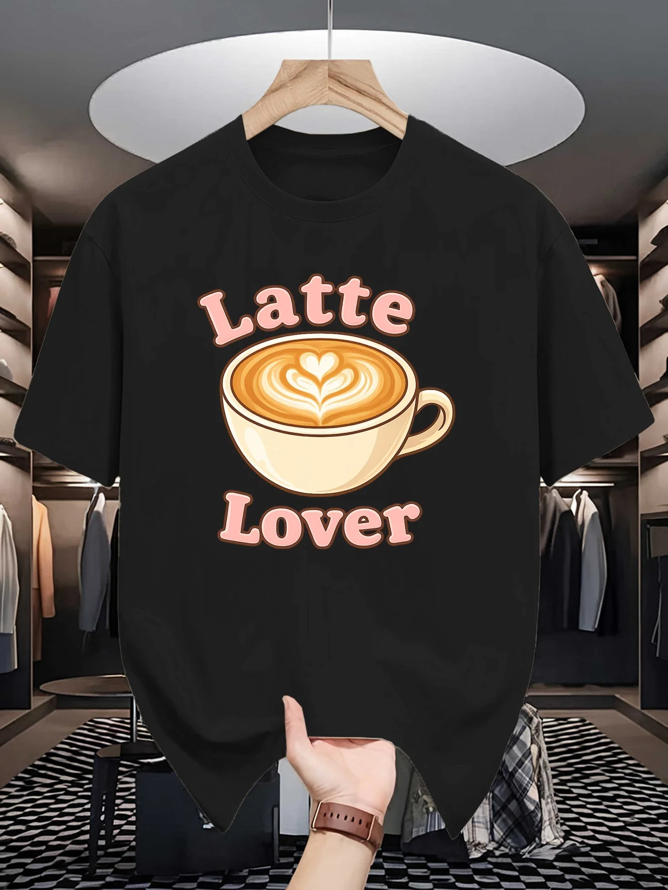 Mens Latte Lover Coffee Graphic Tee Retro Latte Art Print O Neck Short Sleeve Cotton Tops For Coffee Fans Casual Street Wear