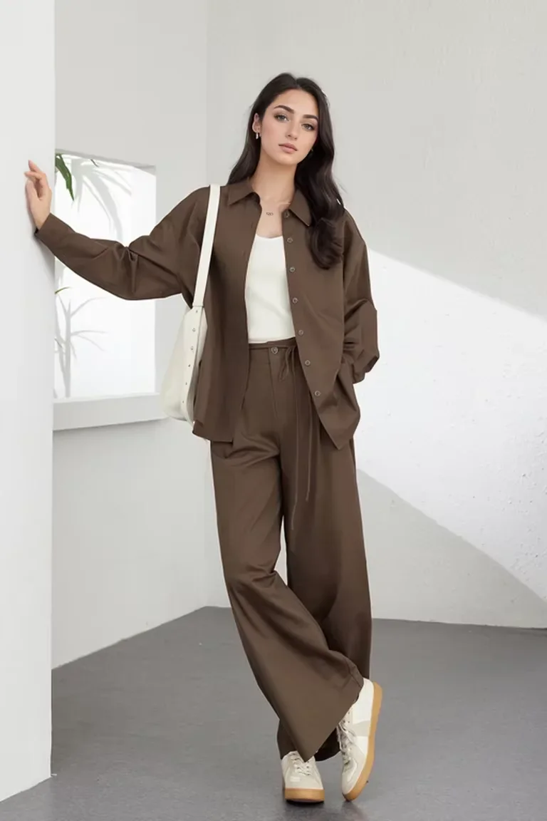 VIMLY Fashion Commuter 2PCS Women Work OL Pants Sets Autumn Long Sleeve Button Down Shirt+Wide Leg Trouser Simple Casual Suit