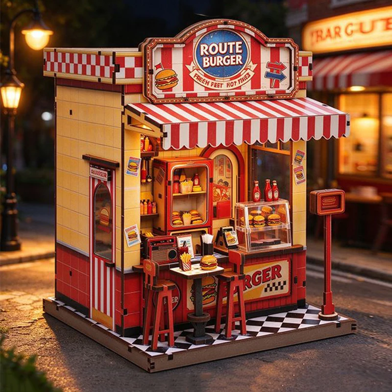 DIY Wooden Corner Burger Shop Cottage Figurines Miniatures Kits Mini Casa for Friends Birthday Gifts Home Decor Crafts