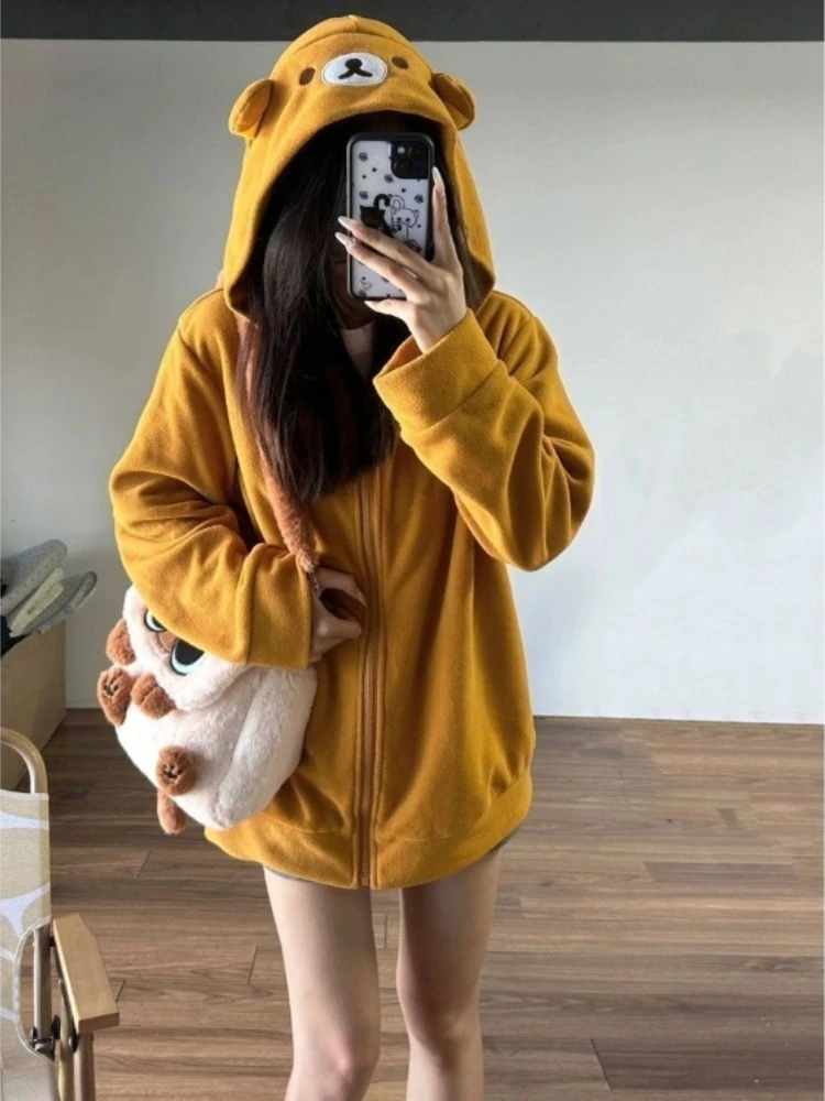 

College Style Cute Bear Embroidered Cardigan Loose Long Sleeve Zipper Tops Mujer Spring Autumn New Loose Lazy Sweatshirts