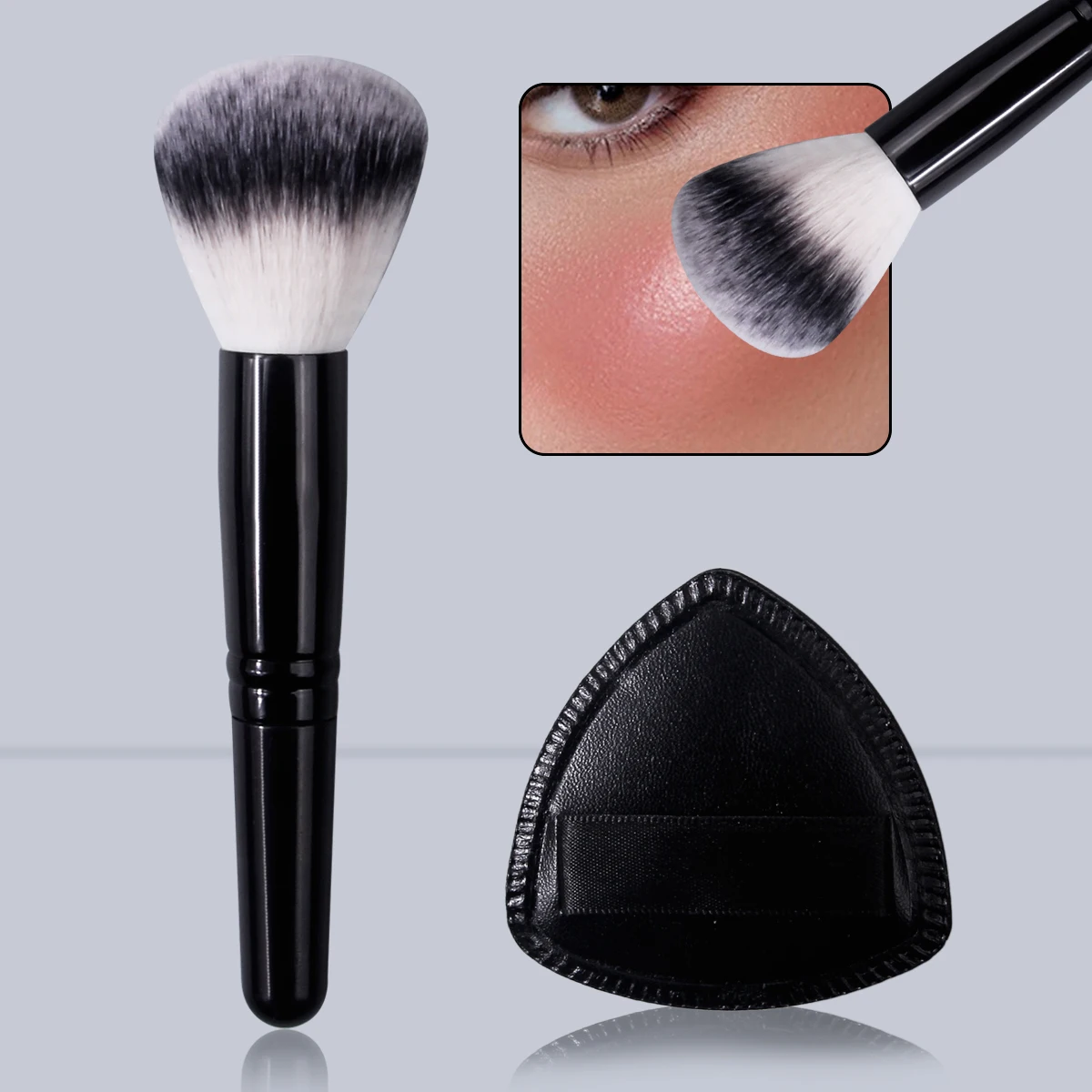 Pincel de pó facial macio portátil, 2 peças, pincel de blush e pincel de contorno + esponja de maquiagem sem entupimento