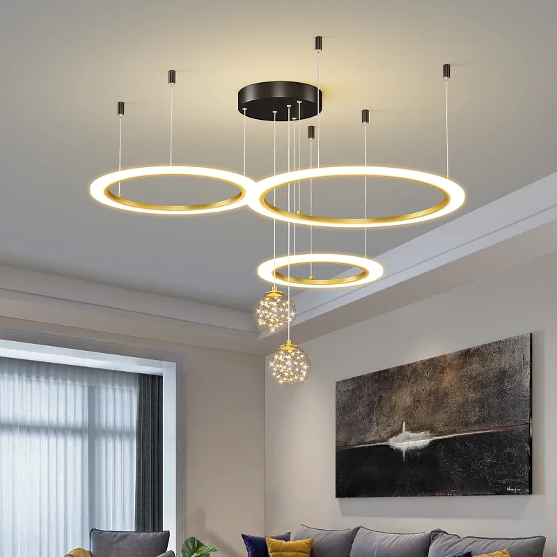 Candelabro de anillos LED moderno, lámpara colgante nórdica regulable para mesa de comedor, cocina, sala de estar, tienda, brillo creativo, luz colgante