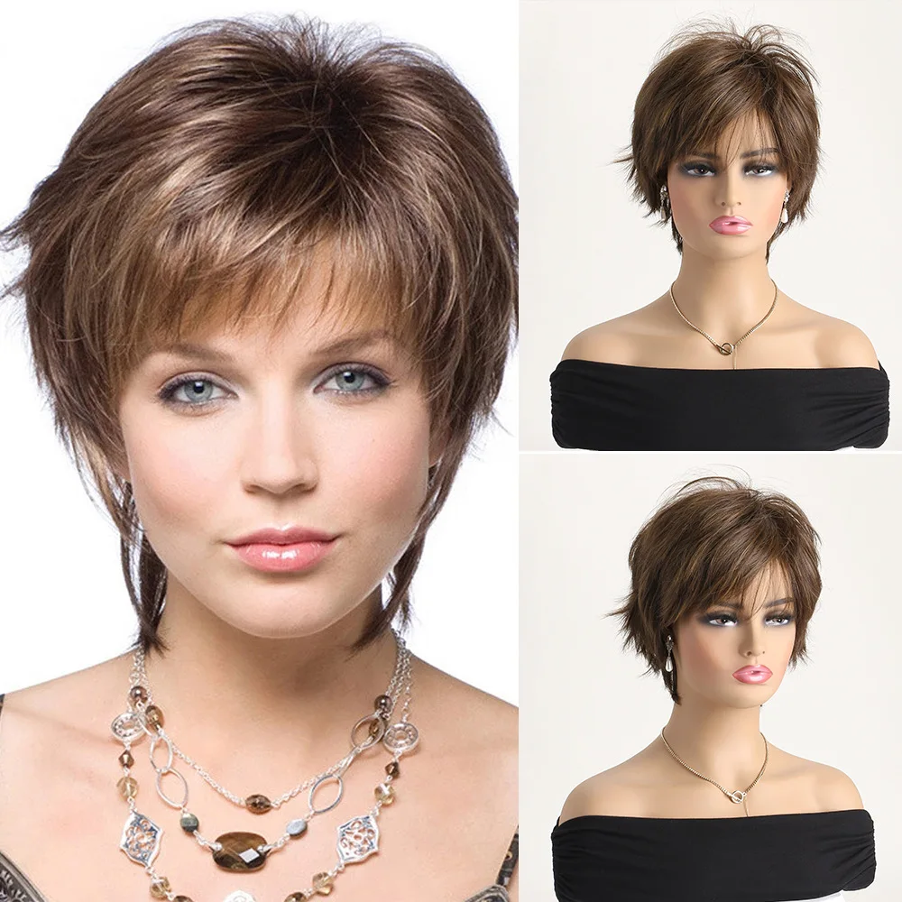 Short Pixie Cut Fashion Women Micro Curly Hair Brown Mix Blonde With Bangs Rose Breathable Mesh Daily Party Heat Resistant Fiber