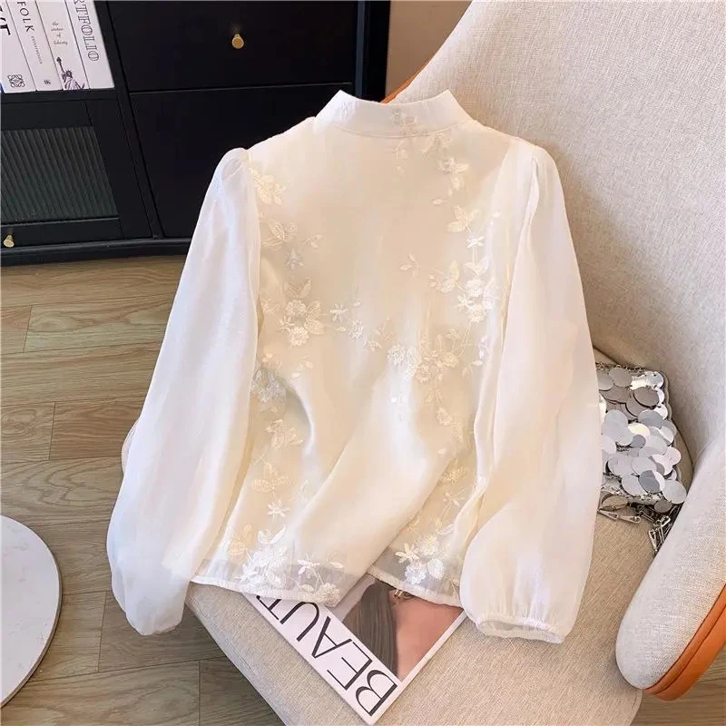 Women's Loose Fit Chiffon Shirt Chinese Style Casual Summer Elegant Chic Y2K Embroidery Gentle Sunscreen Vintage Top