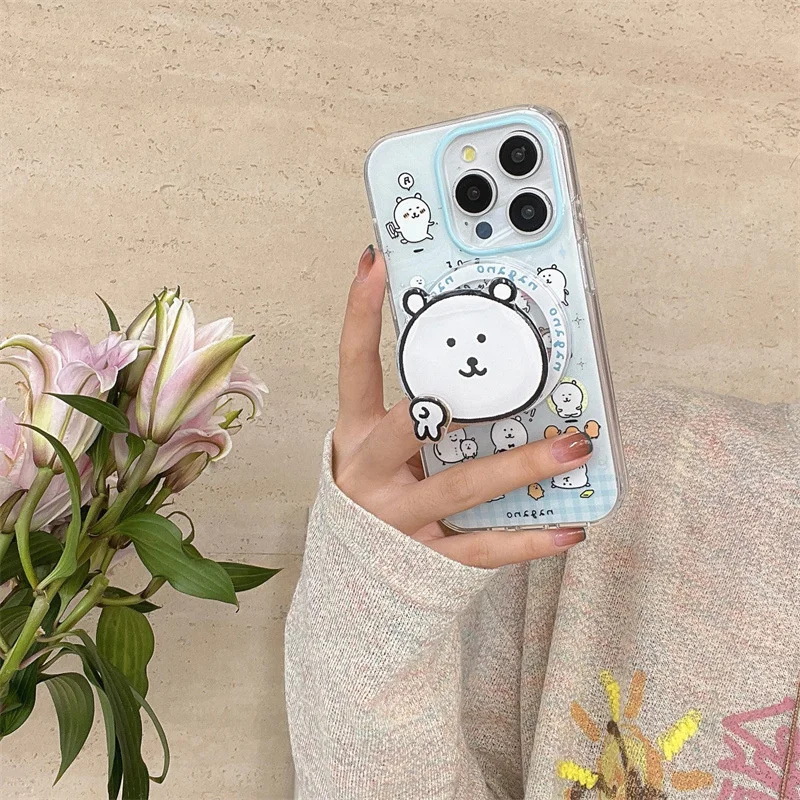 Colorful full screen fun little white bear phone case with rotating magnetic bracket For iPhone 11 12 13 14 15 16 pro max