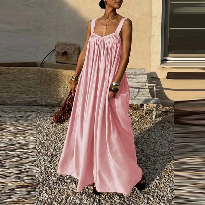 

Elegant Backless Pleat Loose Maxi Dress Women Summer Solid Color Commute A-line Dress Casual U Collar Sleeveless Suspender Dress