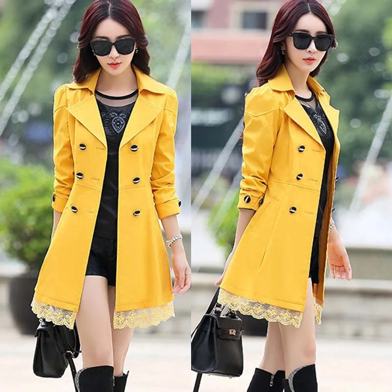 Spring Autumn Women's Brand-New Long Double-Breasted Waistband Windbreaker Leisure Slim Fashion Coat With Lined