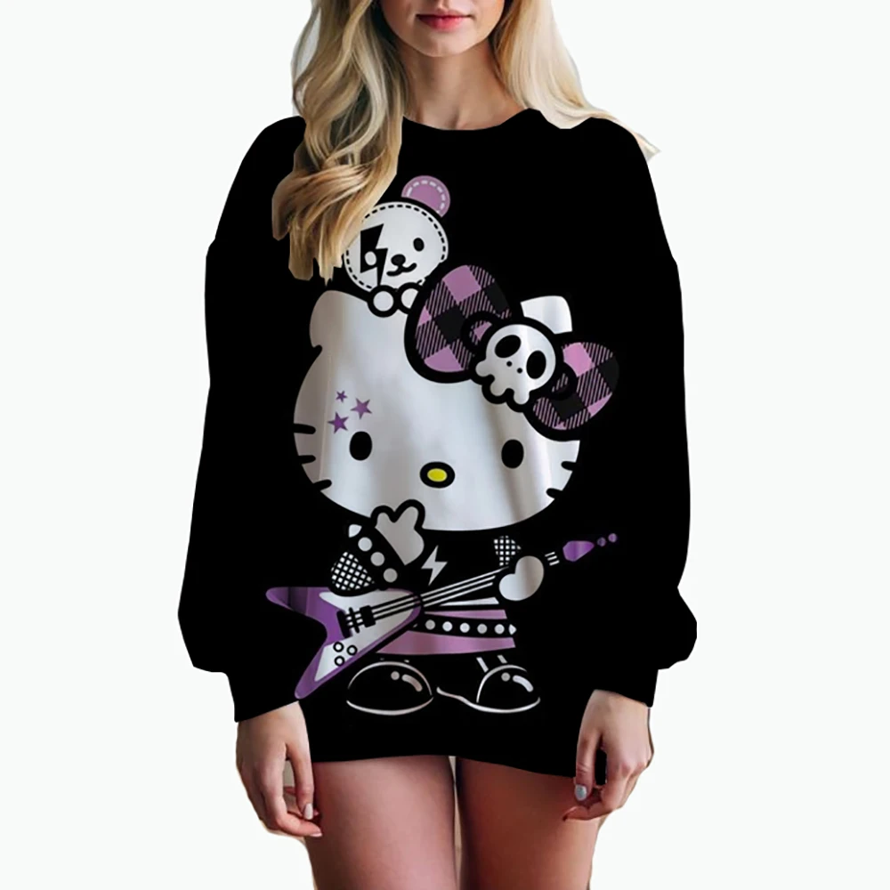 Women\'s Hello Kitty Printed Sweatshirt, High Street Women\'s Hoodie, Y2K Pattern Clothing, Casual Round Neck Sweater