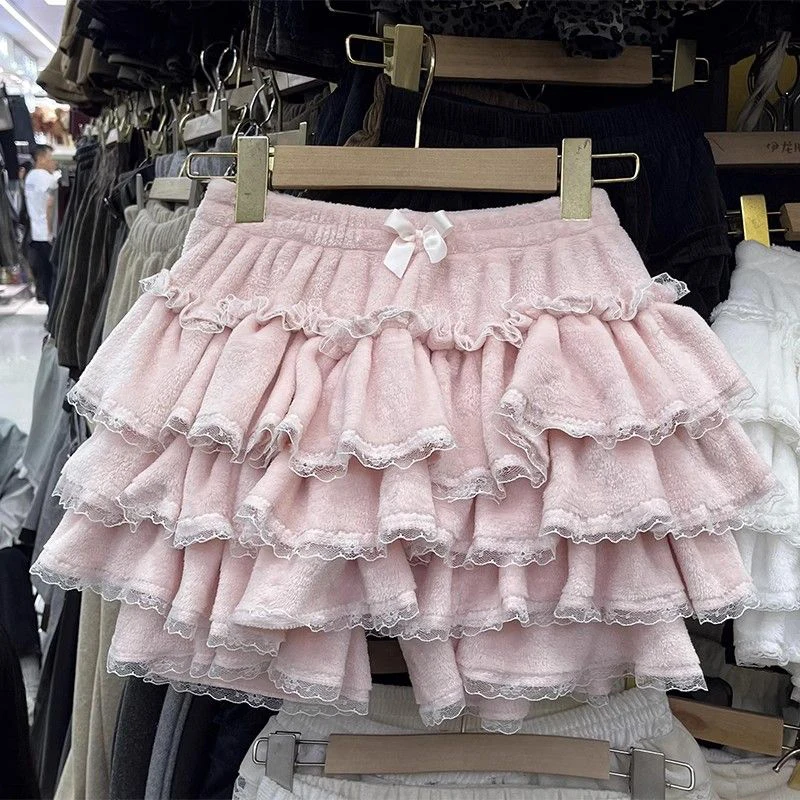 Roze Kawaii Vrouwen Dans Rokken Japanse Zoete Lolita Kant Splicing Vrouwelijke Gezwollen Rokken Y2K Hoge Taille Ruche Dames Mini Rokken