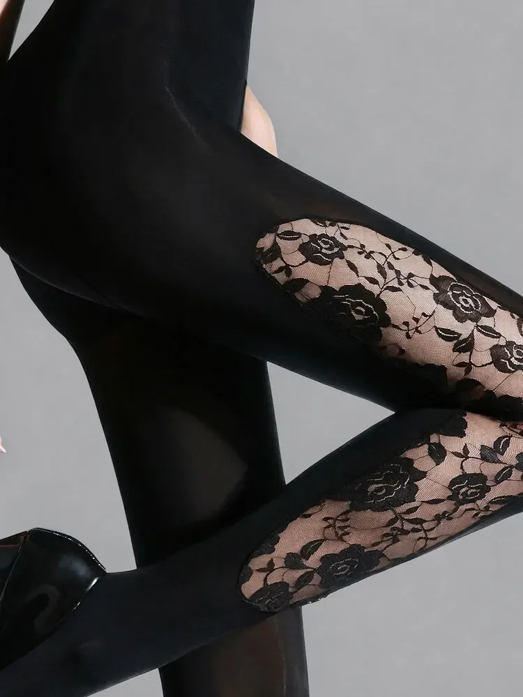 40D High Elastic Pantyhose Women's Side Lace Sheer Oil Shiny Glossy Lift Butt Tights Fashion Patchwork Slimming Shaping Leggings