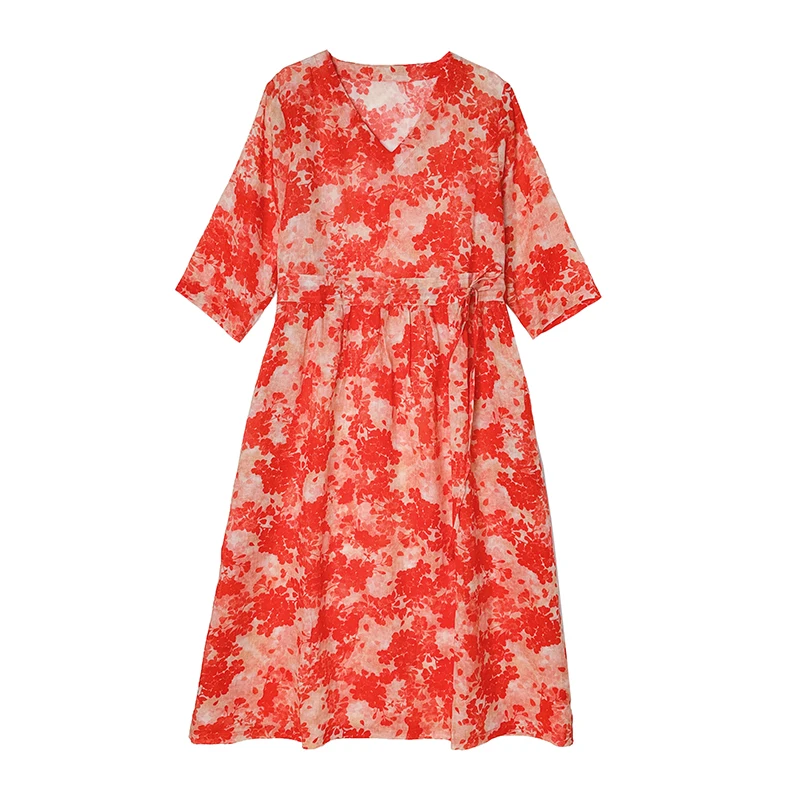 فستان نسائي صيفي بخصر مرتفع وحزام، مصنوع من القطن والكتان، تصميم كلاسيكي أنيق وبسيط برقبة على شكل V، تنورة متوسطة الطول واسعة