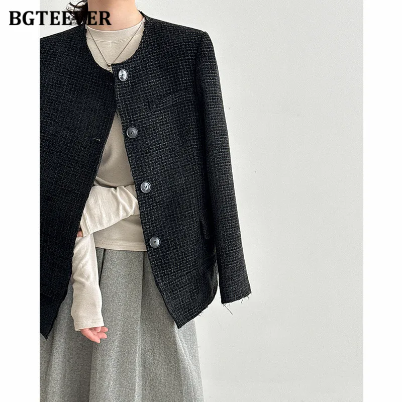 BGTEEVER Stylowe tweedowe marynarki damskie z okrągłym dekoltem, eleganckie, z długim rękawem i kieszeniami, idealne na jesień i zimę.