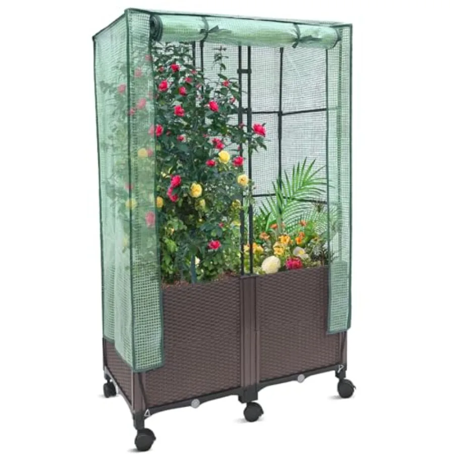 

3-in-1 Raised Garden Bed Large Planter Box with Trellis Cover on Wheels Plastic Tomato Planter with Greenhouse for Deep Rooted