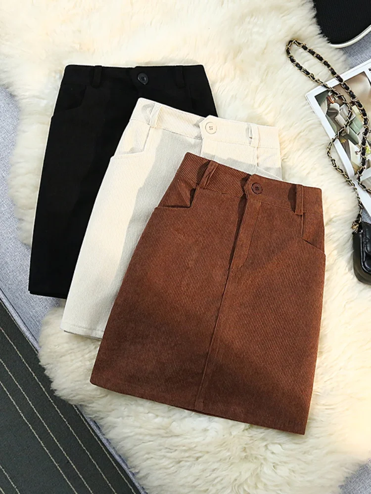 

SMTHMA New Spring Autumn Coffee Skirt Women's Corduroy Short Skirt High Waist A-line Winter Skirt