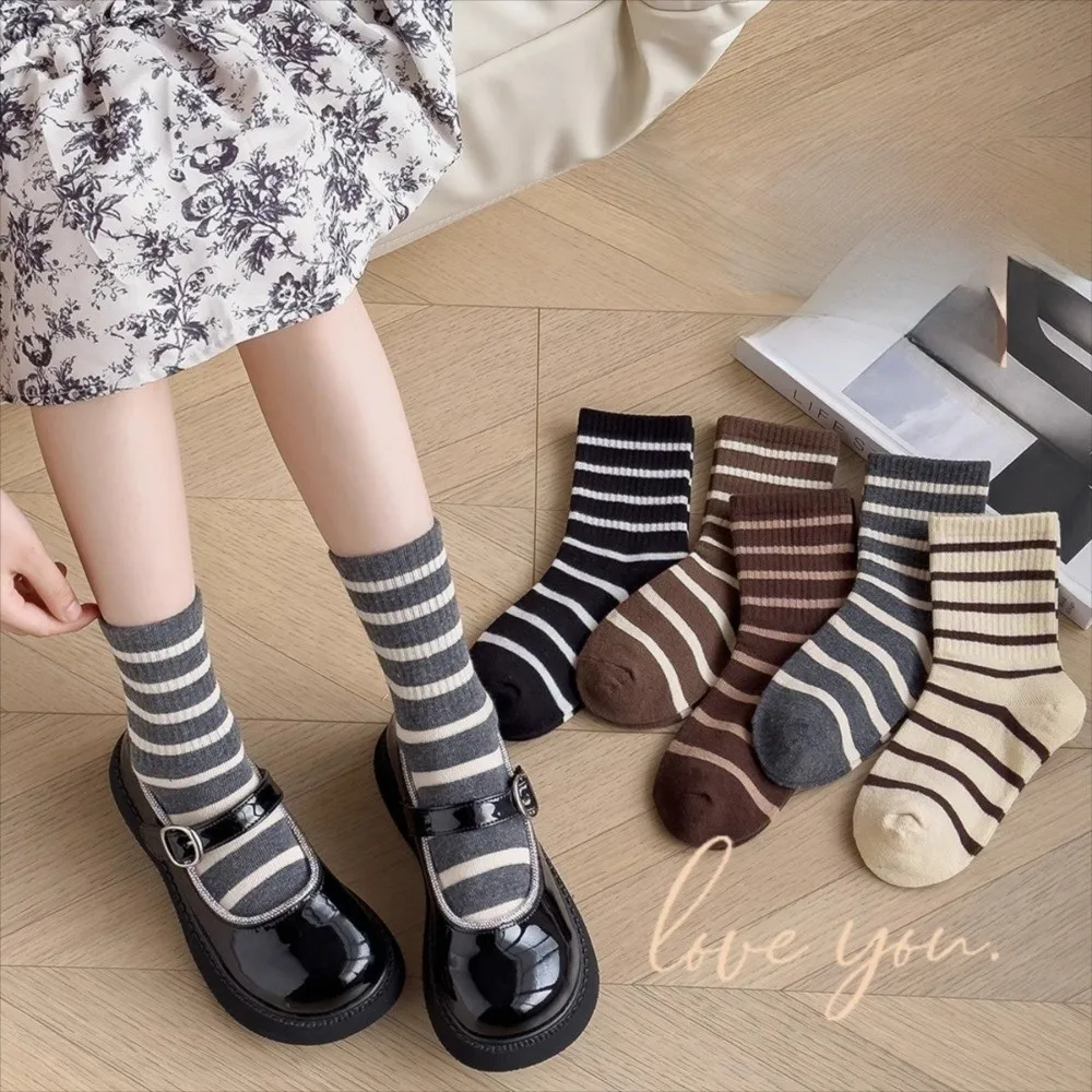 

5 Pairs New Striped Middle Tube Socks Sweat Absorbing Comfotable Elastic Socking Wear-resistant Warm Socks for Children