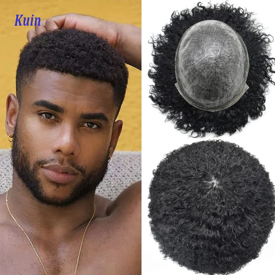 Tupé de pelo rizado de 8mm para hombres, sistema de cabello de Pu completo duradero para hombres negros, pelucas de prótesis de cabello masculino,