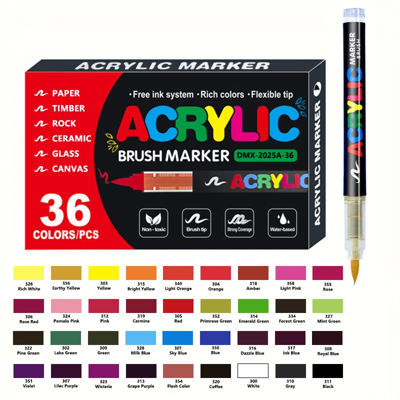 12-366 kleuren acrylverfstiftmarkeringen Acrylvilt Penseelpunt Verfmarkeringen Voor houtrots schilderij canvas cadeau doe-het-zelf ambachten