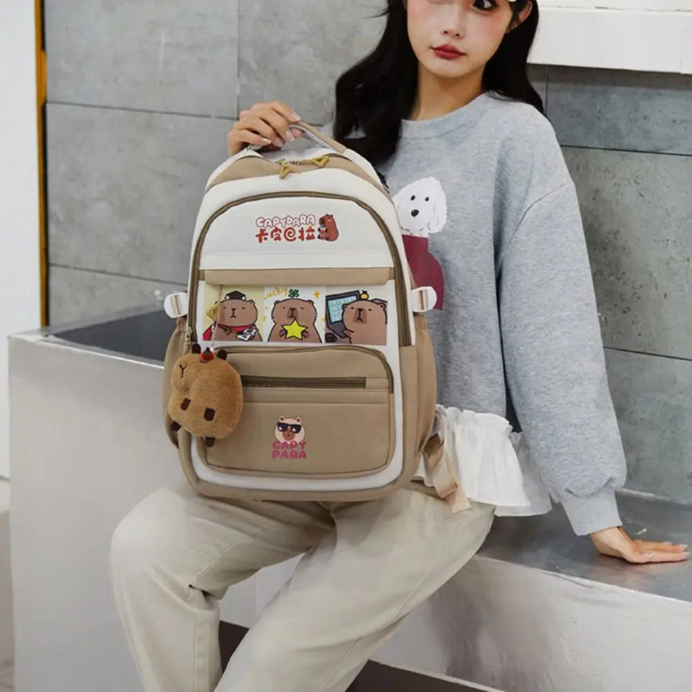 

Trendy Cartoon Capybara Backpack Casual Style Large Capacity School Bag with Pendant Cute Casual Shoulder Bag Travel