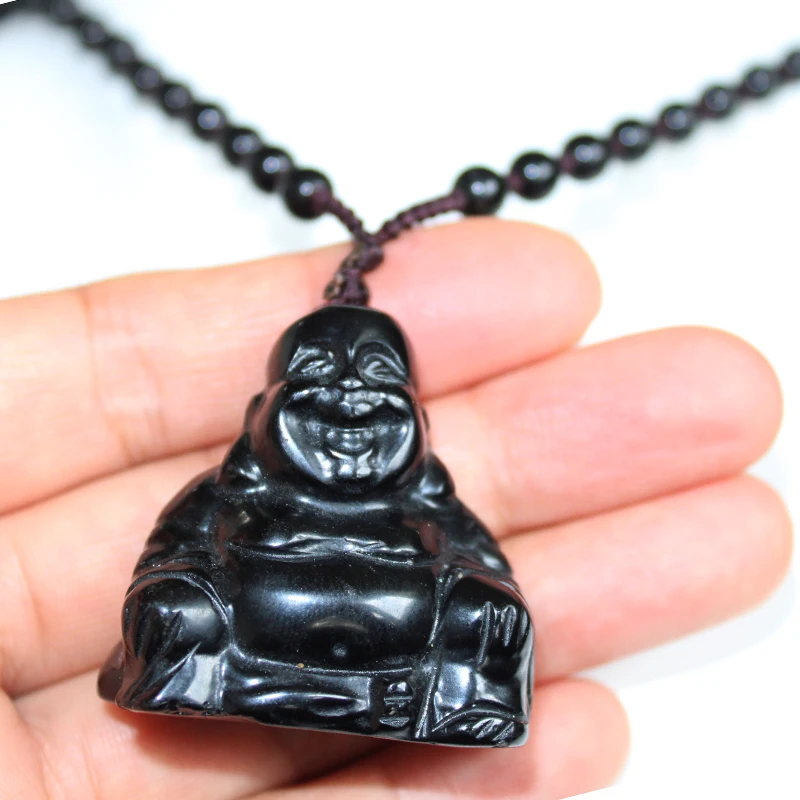 Unit One Piece Natural Black Obsidian Gemstone Crystal Laugh Buddha Carving Necklace Pendant With Natural Agate Bead Chain