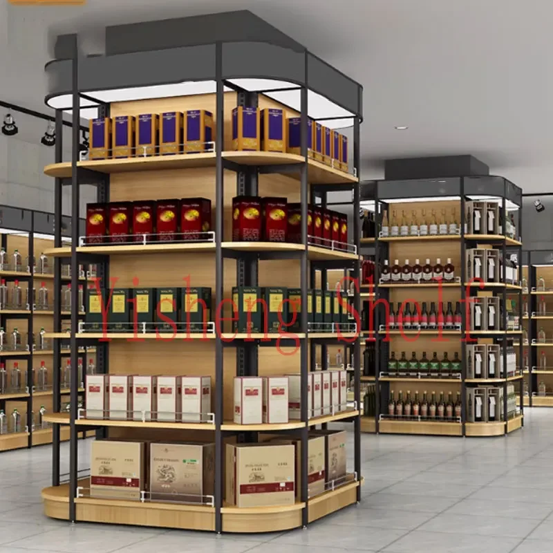 New Chinese Style design wooden display luxury large wine shelf cellar glass display wine rack cabinet for the Supermarket