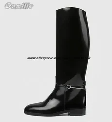 Cowhide Leather Metal Decoration Catwalk Style Boots Size 35-42 Catwalk Style Knee High Boots Round Toe Mid Heel Grace Boots