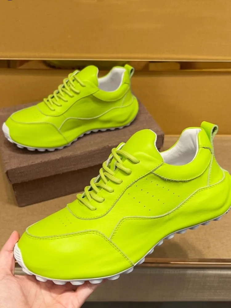 Fashion Mens Genuine Leather Sneakers Lace Up Cushioning Platform Casual Footwear High Street Solid Color Designer Shoes Male