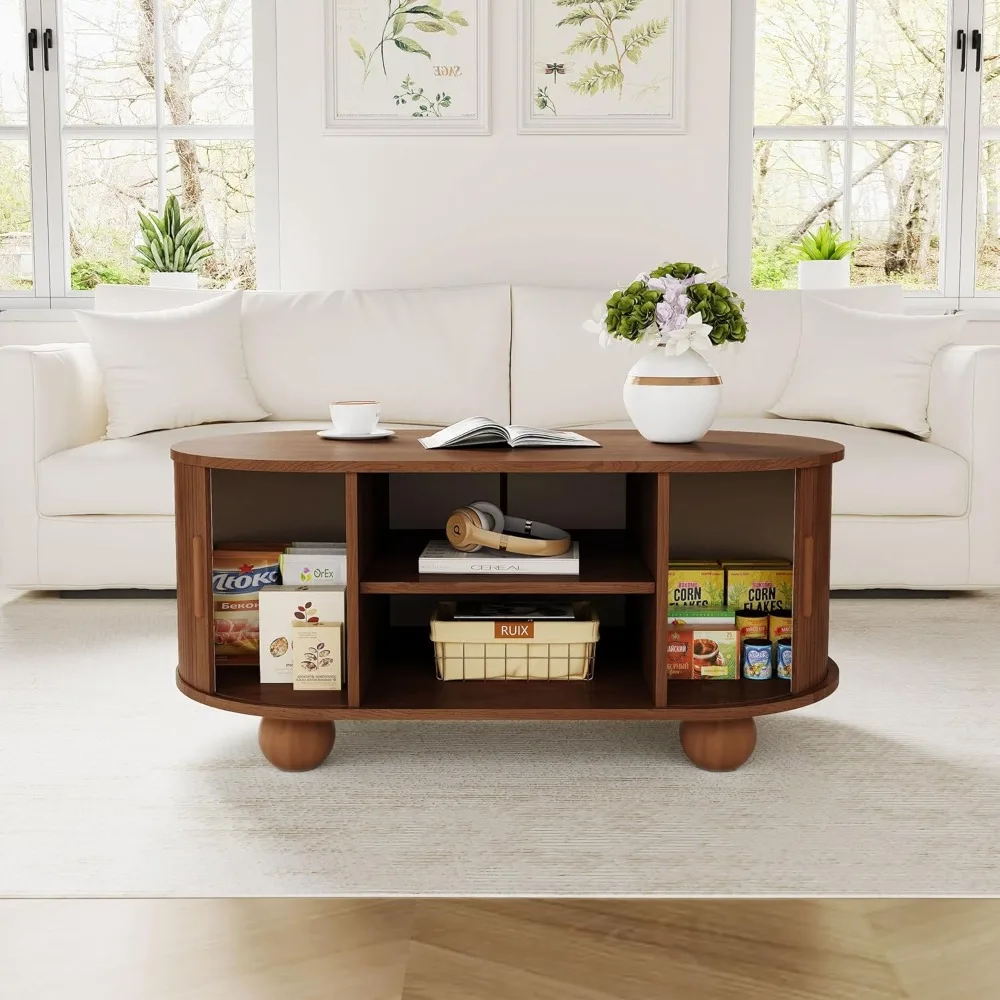 Rectangle Coffee Table, Mid-Century Modern Coffee Table with Storage & Sliding Doors, Fluted Coffee Table Center Table for Livin