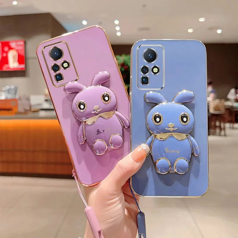 Phone Case For Infinix Tecno Zero X Pro Tecno ZeroX Pro Luxury Plating Square Rabbit Holder With Landyard Phone Case Cover