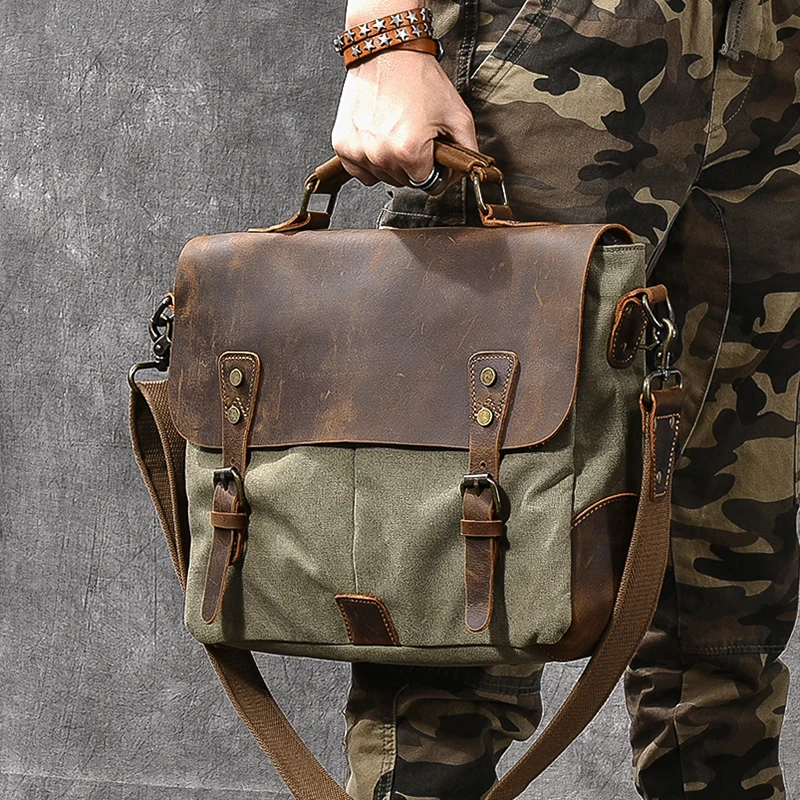 Bolso de hombro para hombre, bolsa de mensajero para ordenador portátil, Estilo Vintage británico, costura de lona, cuero de Caballo Loco suave