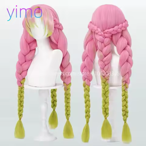 Anime Mitsuri Kanroji Cosplay Synthetic Wig 85cm Long Pink Green Braid Heat Resistant Women Hair High Quality Puffy Yaki Wigs