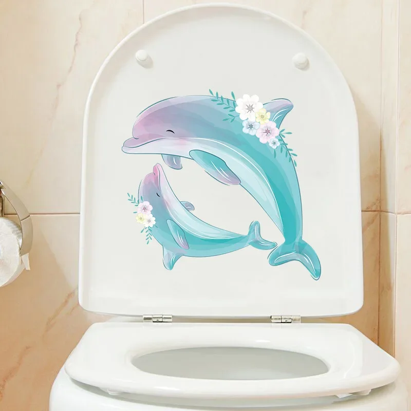 1pc Creative Flower Dolphins Mural Toilet Stickers Refrigerator Door Bathroom Decoration Self-adhesive Removable PVC Wall Decals