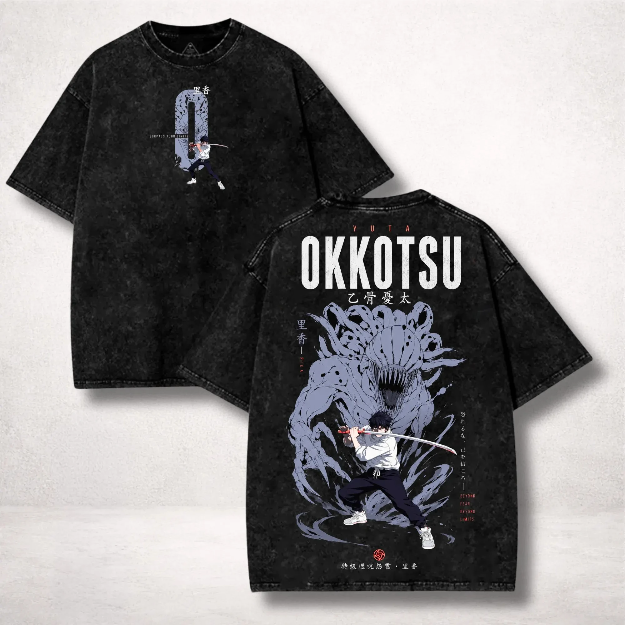 Jujutsu Kaisen Anime T-Shirt Yuji Itadori Okkotsu Yuta Rika Premium Graphic Print Front and Back Vintage Washed Dark Streetwear