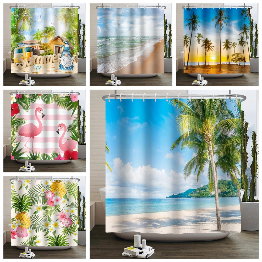 

Summer Seaside Beach Shower Curtain Sun Sea Ocean Tropical Palm Trees Leaves Flamingo Bathroom Bathtub Curtain Decor with Hooks