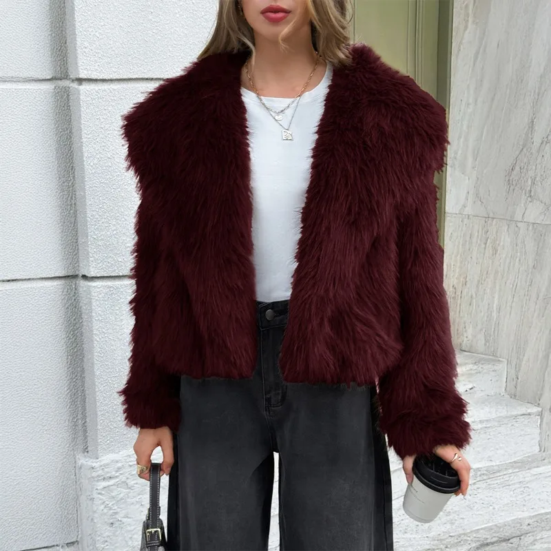 Fashion women's autumn and winter casual plush solid color long-sleeved coat warm jacket