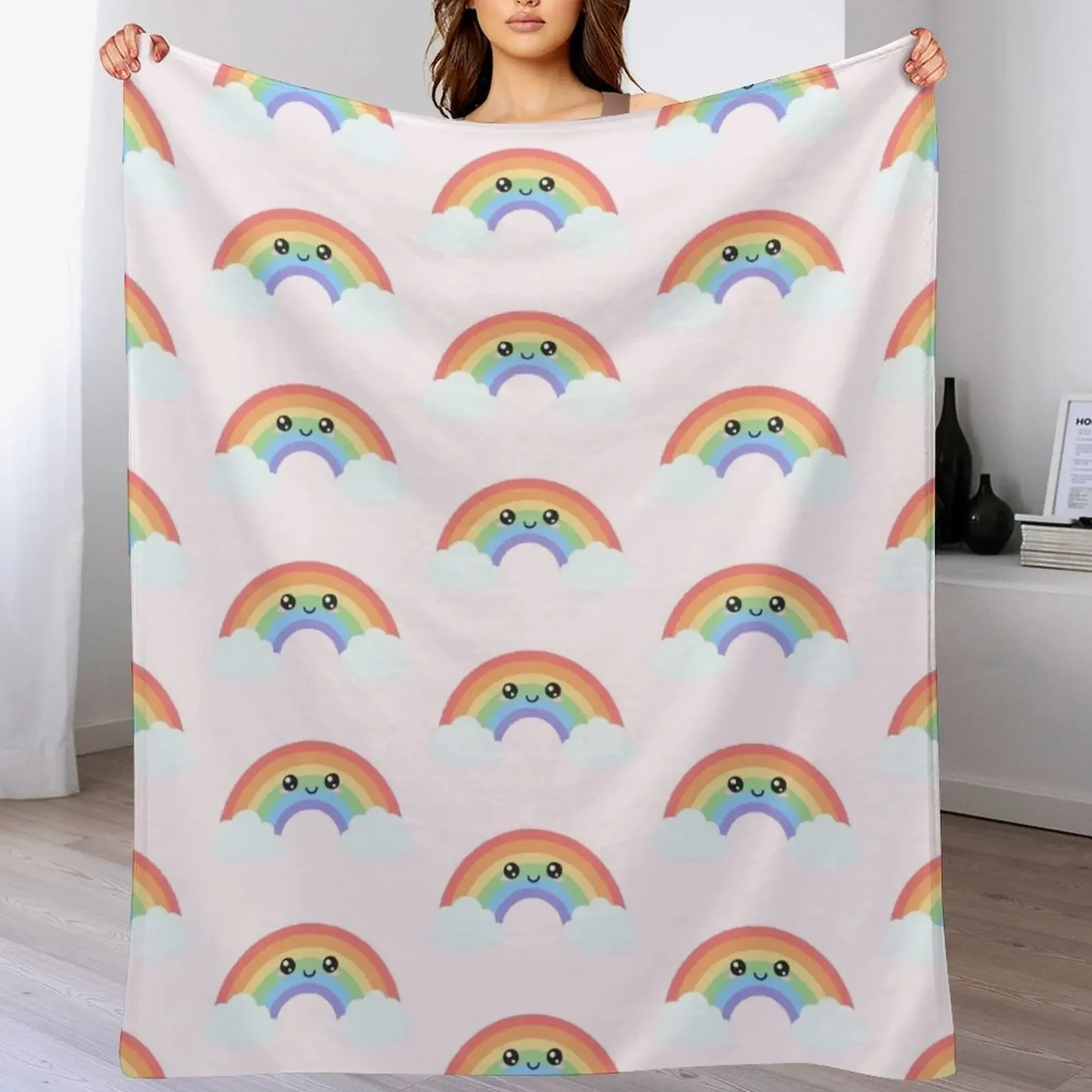 

Rainbow Pastel Happy Blushing Smiling Clouds Throw Blanket Plush Extra Large Throw Designers Decorative Throw Blankets