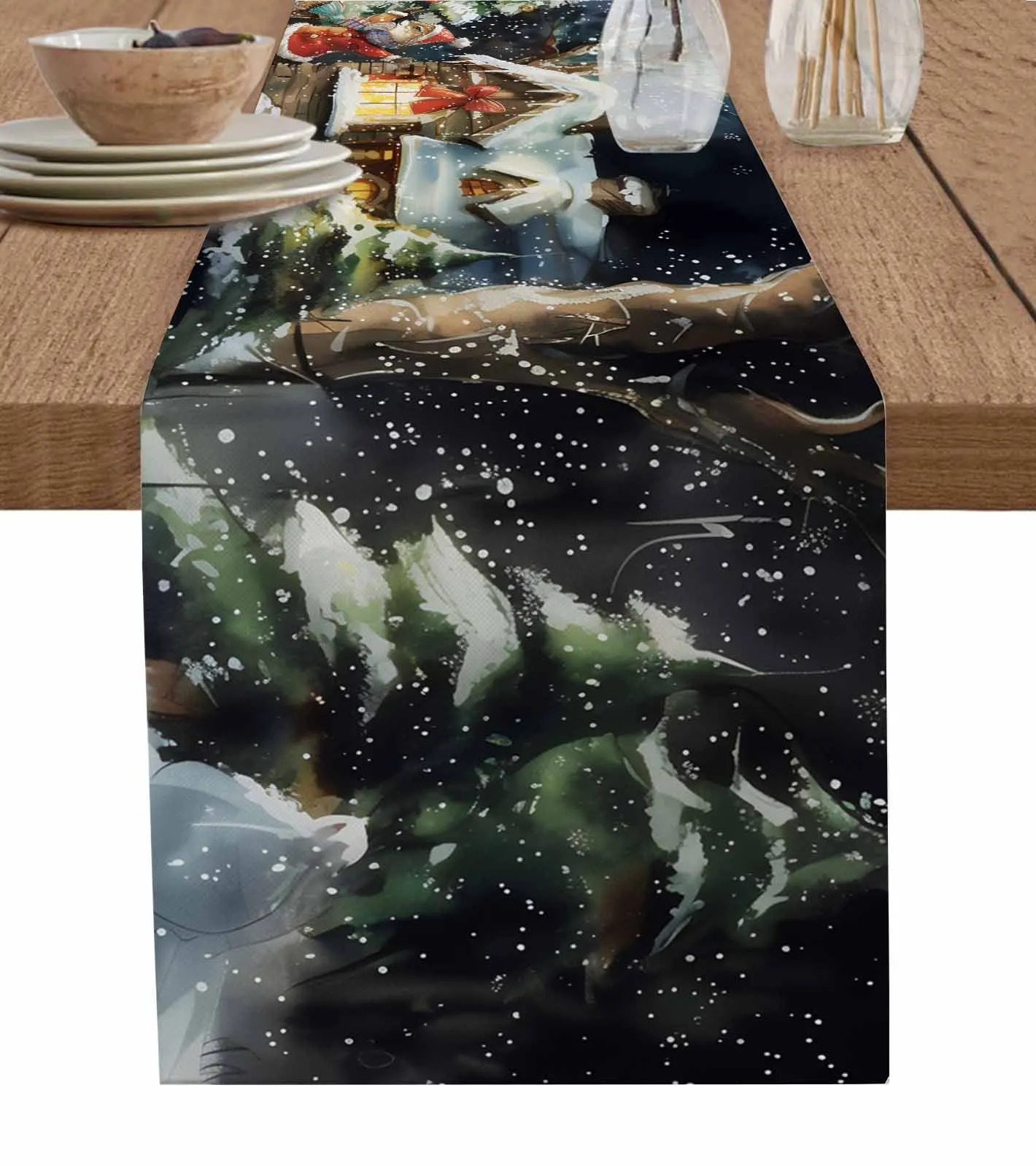 Christmas Tree Colorful Forest Moon Bonfire Animals Runner Table Kitchen Coffee Table Dining Table Fabric Home Party Decoration