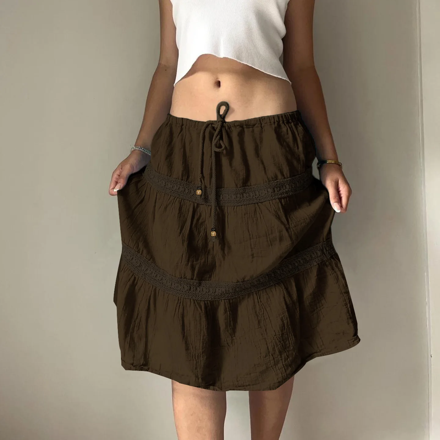 Women Y2K Tiered Midi Skirt Boho Lace Trim Drawstring Vintage Casual High Waist A-Line Vintage Mini Skirt Summer Beach
