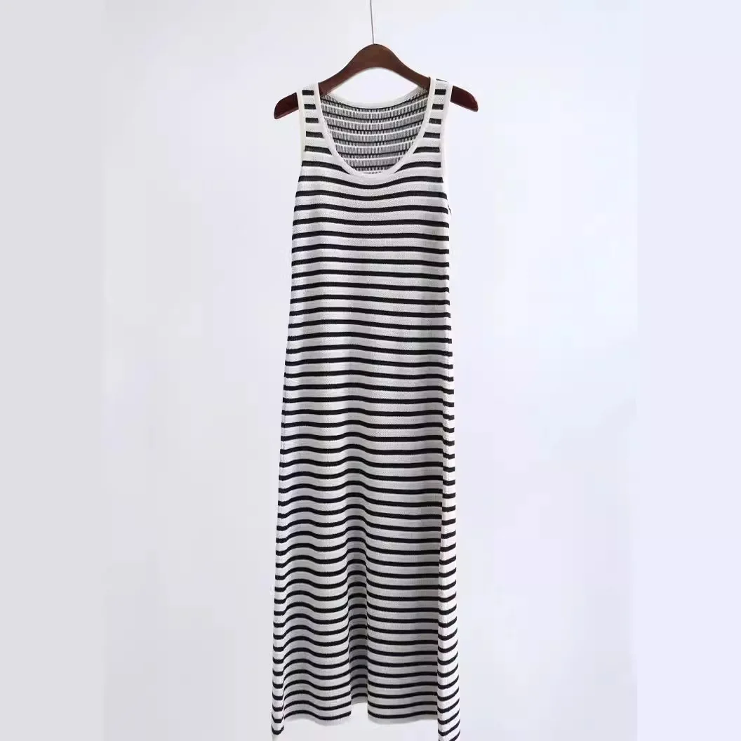 Sling Dress for Women 2024 New Spring Summer Striped U-neck Slim Casual Sleeveless Robes