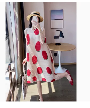 

HOT SELLING Miyake summer new fashion fold dot printed three quarter o-neck loose dress IN STOCK