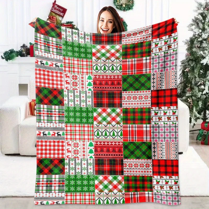 Red Green Xmas Plaid Patchwork Throw Blanket,Sofa Bedroom Office,Birthday Anniversary Classic Winter Comfort Gesture